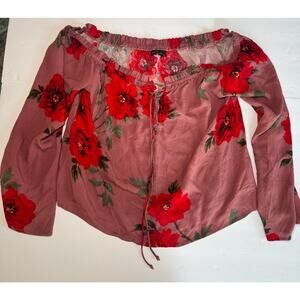 Kendall & Kylie Off Shoulder Floral Blouse Women’s Small Boho Tie Front Pink Red